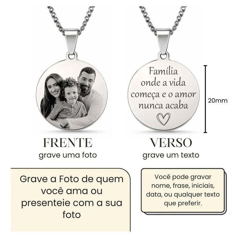 Colar Cordão Corrente Gravação Foto Família Avó Pai Mãe Amor Cor Redondo 45cm