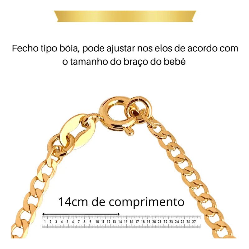 Pulseira Nome Gravado Bebê Chapinha Criança Banhada Ouro 18k Dourado 14 Cm