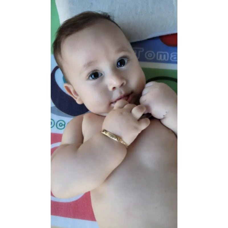 Pulseira Nome Gravado Bebê Chapinha Criança Banhada Ouro 18k Dourado 14 Cm
