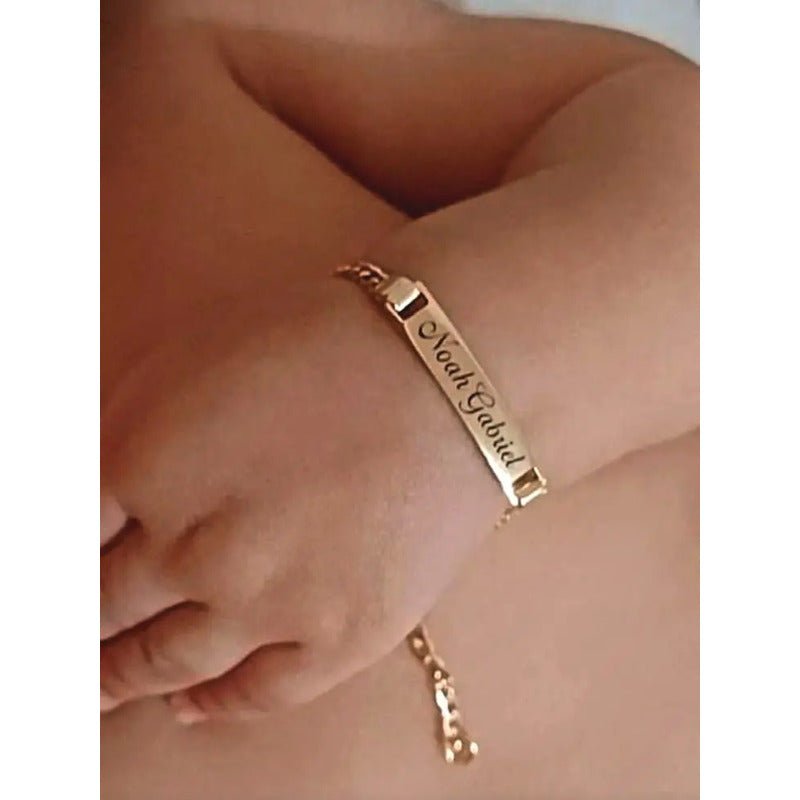 Pulseira Infantil Recém Nascido Banho Ouro 18k Gravação Dourado 14 Cm