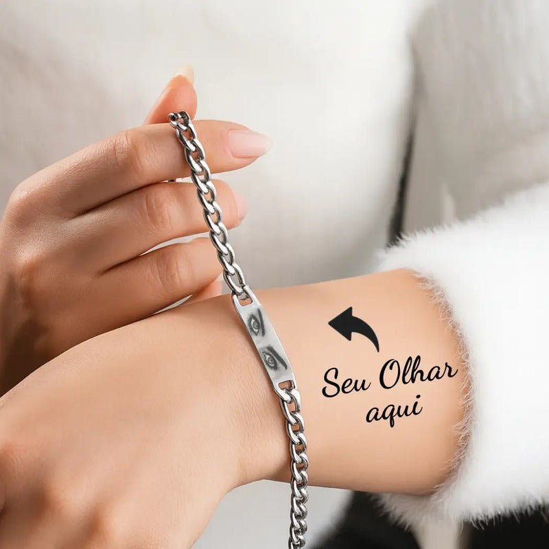Pulseira Bracelete Aço Inoxidavel Olho Olhar Face Namorados Cinza 19 Cm