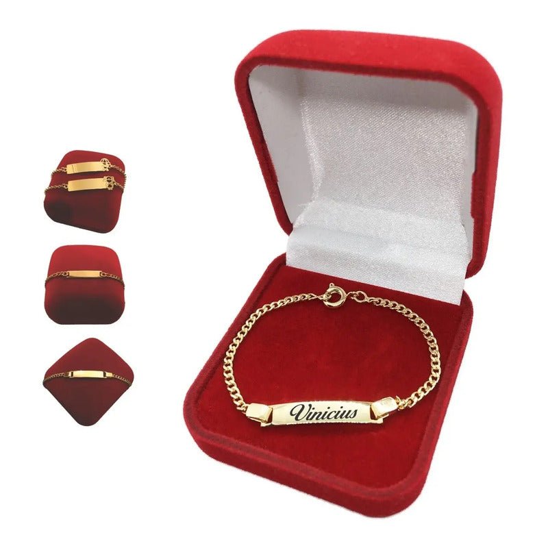 Pulseira Infantil Banhada Plaquinha Menino Com Nome Gravaçao 13 Cm