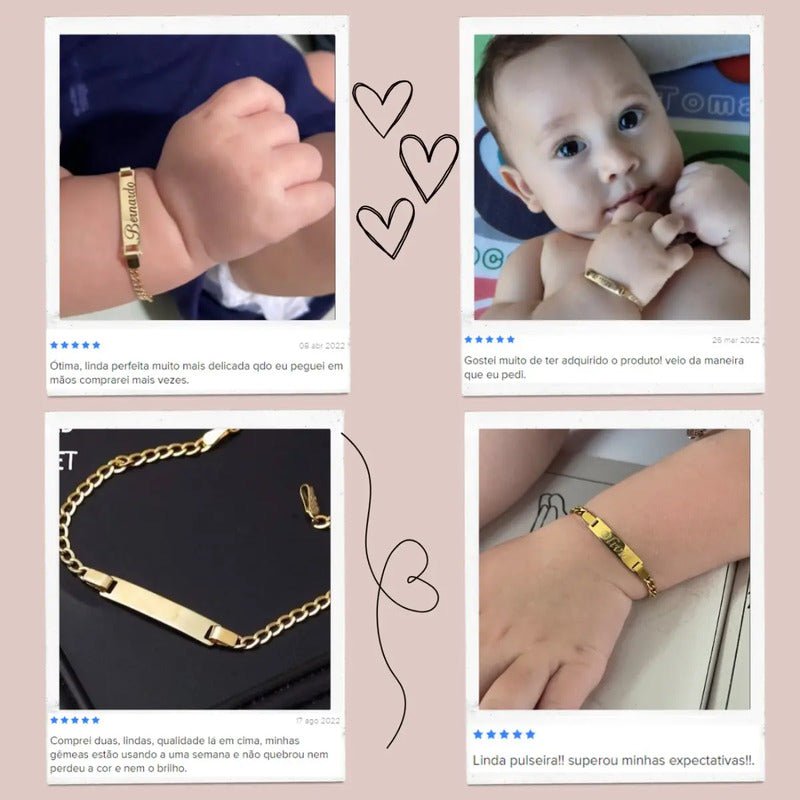 Pulseira Nome Gravado Bebê Chapinha Criança Banhada Ouro 18k Dourado 14 Cm