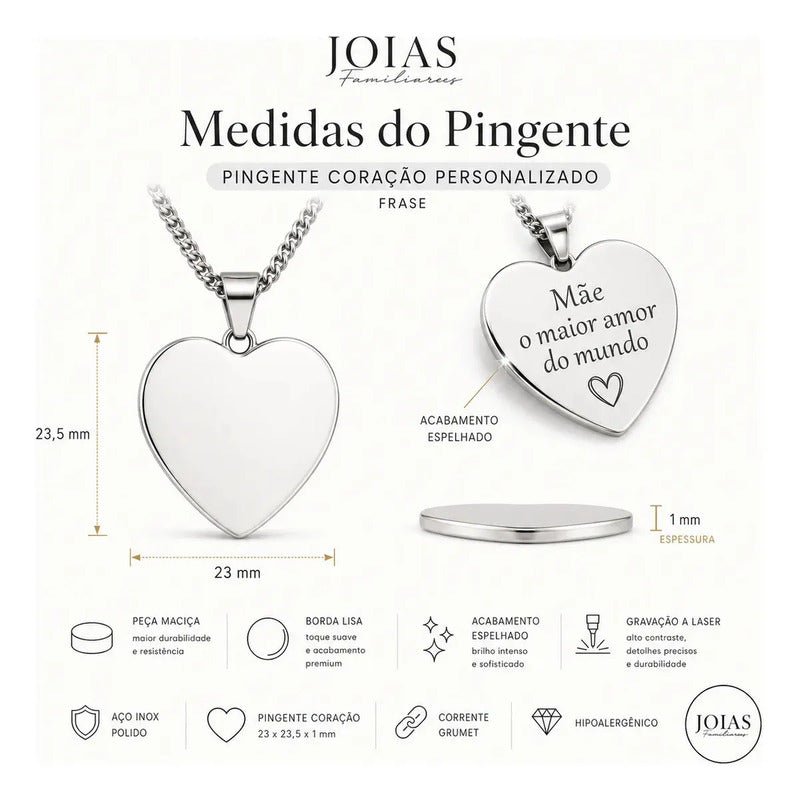 Colar Com Pingente Foto Personalizado E Resistente Cor Pingente Coração / 45cm