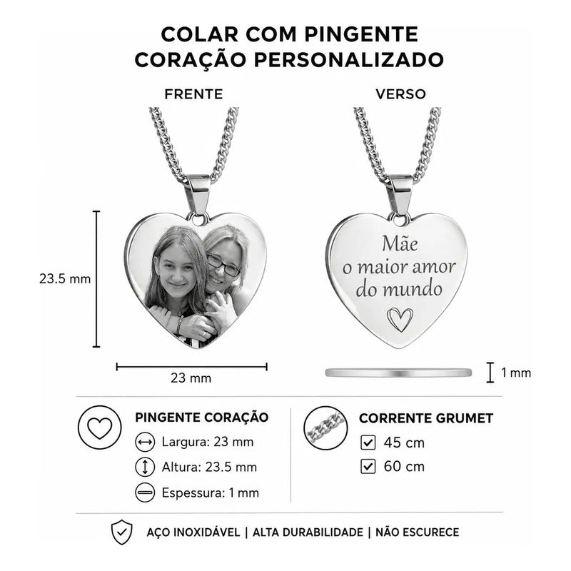 Colar Com Pingente Foto Personalizado E Resistente Cor Pingente Coração / 45cm