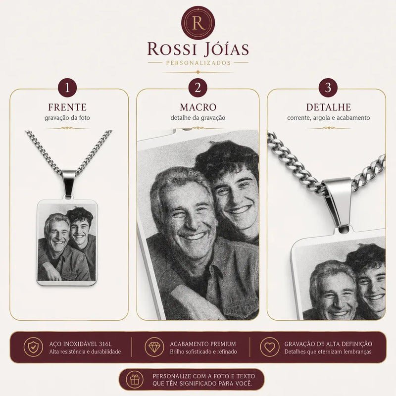 Colar Cordão Corrente Gravação Foto Família Avó Pai Mãe Amor Cor Quadrado 45cm