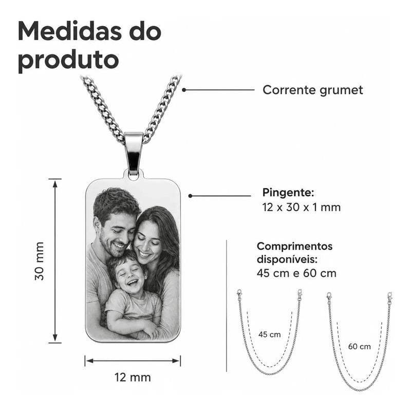 Colar Cordão Corrente Gravação Foto Família Avó Pai Mãe Amor Cor Quadrado 45cm